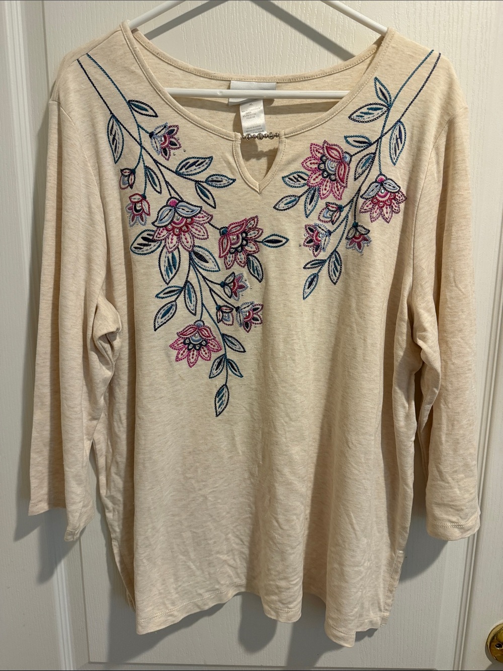 Alfred Dunner Cream Long Sleeve Top with Pink & Blue Floral Embroidery